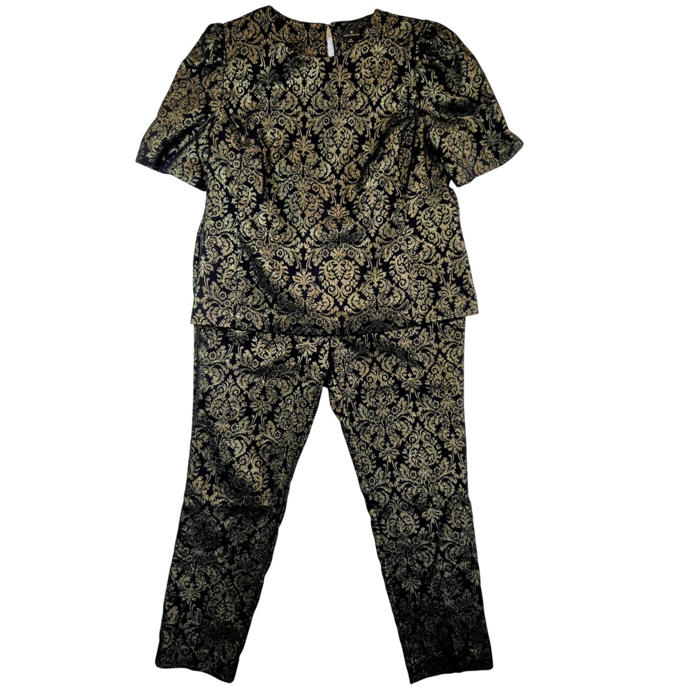 Pant Set Women 14 Slim Black Gold Metallic Damask Brocade Romantic Goth Regal - Picture 16 of 16
